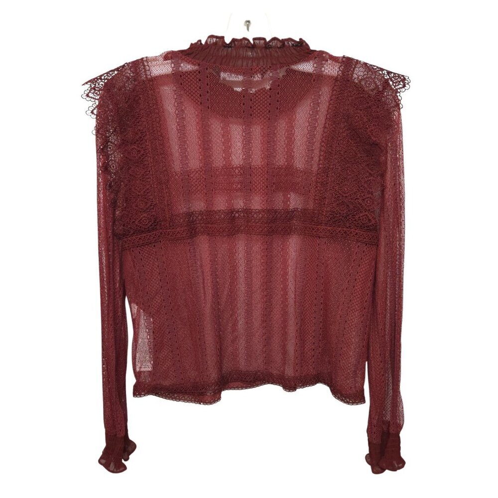 Zara Sheer Lace Blouse S Smocked Ruffle Burgundy Red Boho Romantic Whimsigoth - Picture 6 of 15